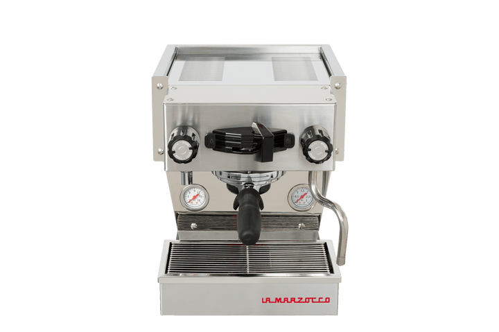 La Marzocco Linea Micra in acciaio spazzolato, vista frontale con portafiltro